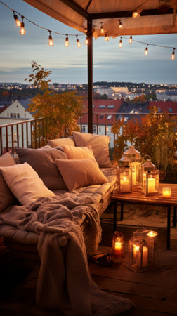 View over cozy outdoor terrace with outdoor string lights. Evening on the roof terrace of a beautiful house with lanternsの素材