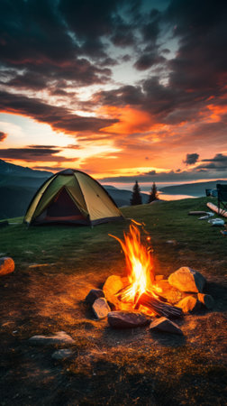Camp fire, tent and mountains in the background at sunsetの素材