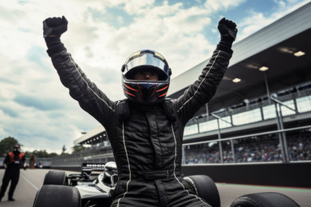Racer in Black Suit Raises Hands in Victory Celebrationの素材