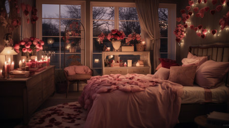 The inside of a softly lit bedroom adorned with roses, hearts, and tables in celebration of Valentines Dayの素材