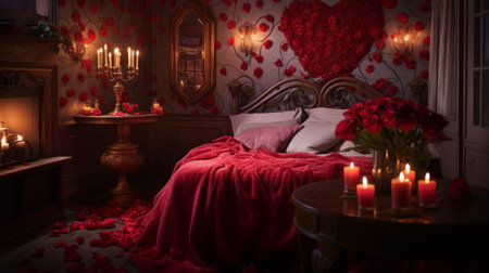 The inside of a softly lit bedroom adorned with roses, hearts, and tables in celebration of Valentines Dayの素材