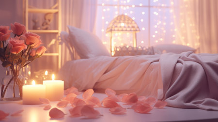 The inside of a softly lit bedroom adorned with roses, hearts, and tables in celebration of Valentines Dayの素材