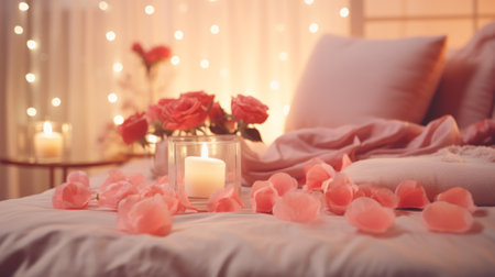 The inside of a softly lit bedroom adorned with roses, hearts, and tables in celebration of Valentines Dayの素材