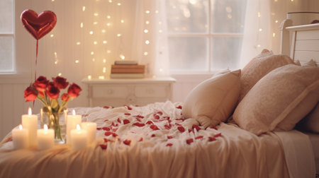 The inside of a softly lit bedroom adorned with roses, hearts, and tables in celebration of Valentines Dayの素材