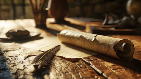 Wooden table rests an antique quill alongside a rolled parchmentの素材
