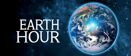 Earth Hour day banner with Planet Earth in dark outer space with starsの素材