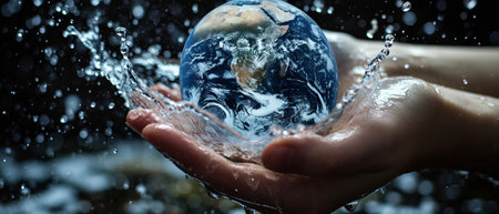 Hand hold water splash with earth. Water save conceptの素材