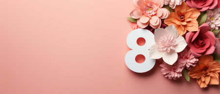 Number 8 with paper flowers on pastel background with copy space. 8 March. International Women's Day. Floral number 8の素材