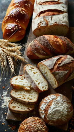 Whole and sliced breads on wooden boardの素材