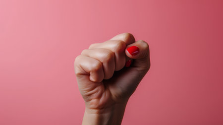 Female fist with red nails on isolated backgroundの素材