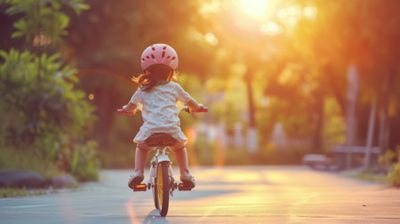 Young girl toddler mastering the art of riding a bicycle on a sunny summer dayの素材