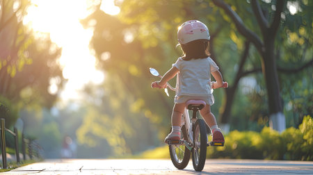Young girl toddler mastering the art of riding a bicycle on a sunny summer dayの素材