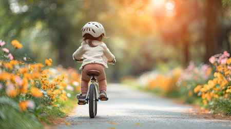 Young girl toddler mastering the art of riding a bicycle on a sunny summer dayの素材