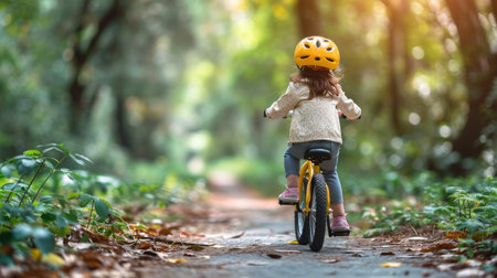 Young girl toddler mastering the art of riding a bicycle on a sunny summer dayの素材