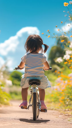 Young girl toddler mastering the art of riding a bicycle on a sunny summer dayの素材