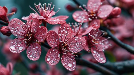 Branch of cherry blossom tree. Cherry blossoms on a pink background pink flowerの素材