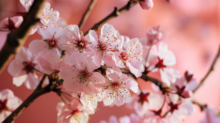 Branch of cherry blossom tree. Cherry blossoms on a pink background pink flowerの素材