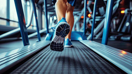 Close up of feet, sportman runner running on treadmill in fitness club. The individual, a dedicated athlete, is actively training in the gym, emphasizing a commitment to a healthy lifestyle.の素材