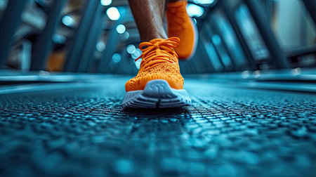 Close up of feet, sportman runner running on treadmill in fitness club. The individual, a dedicated athlete, is actively training in the gym, emphasizing a commitment to a healthy lifestyle.の素材