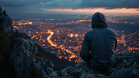 A man, dressed in a hooded sweatshirt, stands atop a mountain, observed from the rear, with a nighttime cityscape in the backgroundの素材
