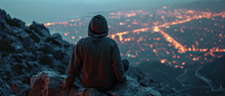 A man, dressed in a hooded sweatshirt, stands atop a mountain, observed from the rear, with a nighttime cityscape in the backgroundの素材