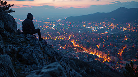 A man, dressed in a hooded sweatshirt, stands atop a mountain, observed from the rear, with a nighttime cityscape in the backgroundの素材