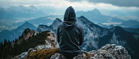 A man, dressed in a hooded sweatshirt, stands atop a mountain, observed from the rear, with a nighttime cityscape in the backgroundの素材