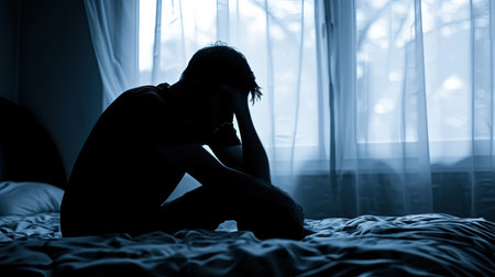 Silhouette depressed man sadly sitting on the bed in the bedroom, depression conceptの素材