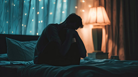 Silhouette depressed man sadly sitting on the bed in the bedroom, depression conceptの素材