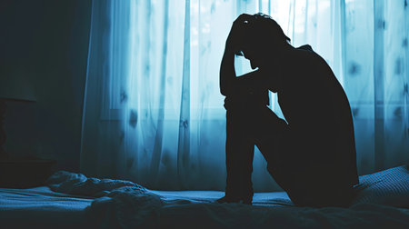 Silhouette depressed man sadly sitting on the bed in the bedroom, depression conceptの素材