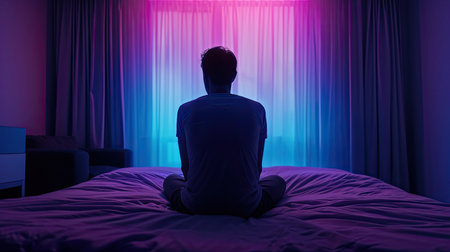 Silhouette depressed man sadly sitting on the bed in the bedroom, depression conceptの素材