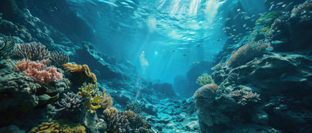 Underwater view of a vibrant sea coral reef teeming with marine life. Ocean ecosystemの素材