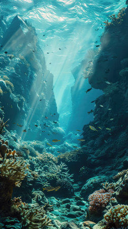Underwater view of a vibrant sea coral reef teeming with marine life. Ocean ecosystemの素材