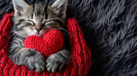 A gray and black fluffy cat holds a red knitted heart in its paws, creating a charming Valentine's Day postcard sceneの素材