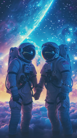 Couple of astronauts in spacesuit holding hands against space sky background, digital art style, illustrationの素材