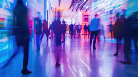 IT business convention featuring a demonstration booth captured with a long exposure, showcasing blurred human motion to convey the dynamic and busy atmosphere of the eventの素材