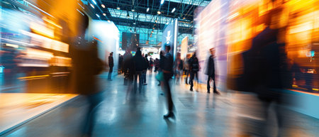 IT business convention featuring a demonstration booth captured with a long exposure, showcasing blurred human motion to convey the dynamic and busy atmosphere of the eventの素材