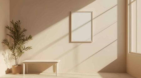 Minimalistic interior beige wall with empty frame, table and sunlightの素材