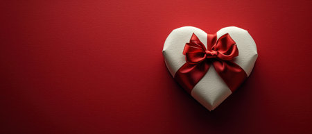 White heart shaped gift box on red background is prominently displayed wrapped with an elegant red ribbon tied into a bowの素材