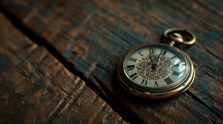 Old pocket watch on grungy wooden desk. Focus is on the clock face plateの素材