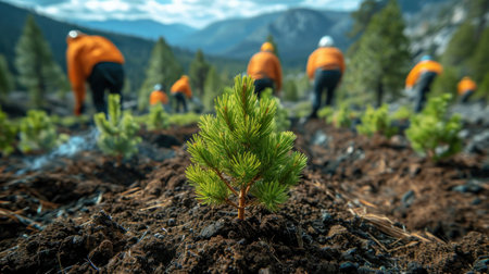 People plant new coniferous trees in the open area of the mountain.の素材