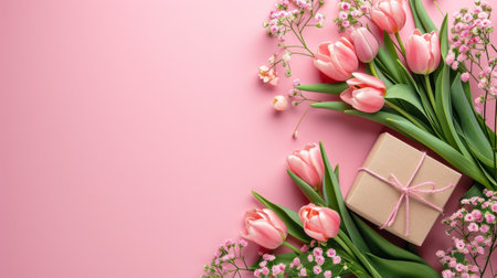 Gift box with pink tulips and flowers on a pink background, copy spaceの素材