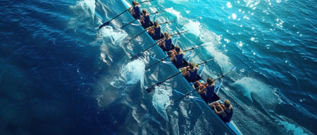 Beautiful women's rowing team on blue water. Teamwork conceptの素材