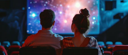Couple watching a captivating film during the nightの素材