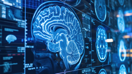 Multiple medical x rays with pictures of the brainの素材