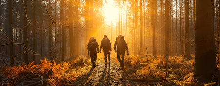 People walking with backpacks on a hike in the forest, illuminated by a golden light, creating a warm and enchanting atmosphereの素材