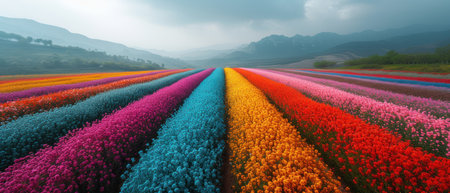 Bright multicolored tulip field in spring. Picturesque natural landscapeの素材