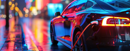 Electric car is charged at night with a reflection of city lightsの素材