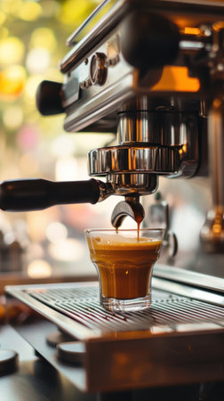 Fresh espresso is poured from the coffee maker into a cup in the morning lightの素材