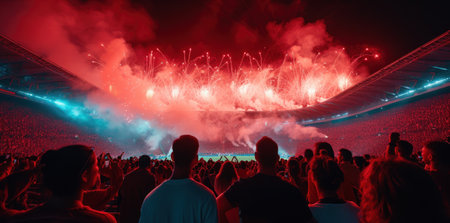 Exciting fireworks over the stadium with cheering fans at nightの素材